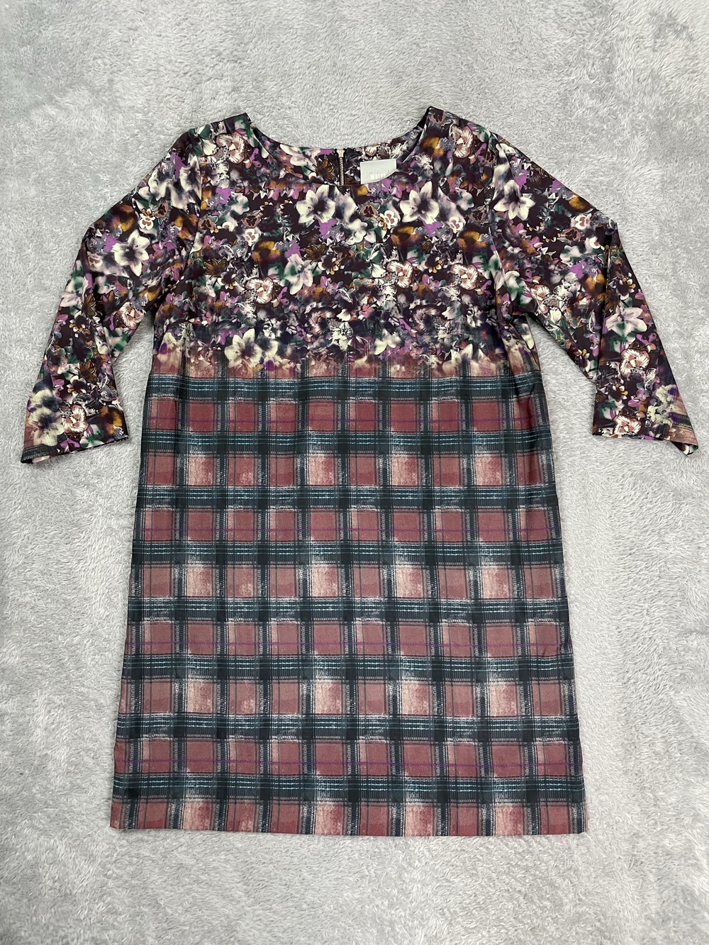 Maeve Shift Dress Womens L Multicolor Floral Plaid 3/4 Sleeve Short Workwear